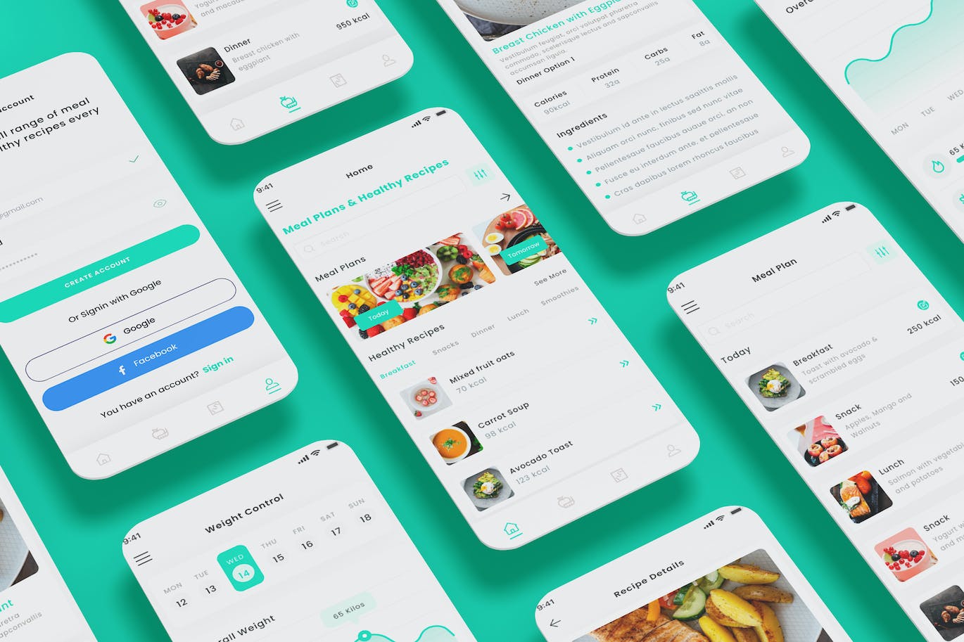 营养、健康食品、膳食和食谱 App UI Kit (AI,EPS,FIG,PSD,SKETCH,SVG,XD)