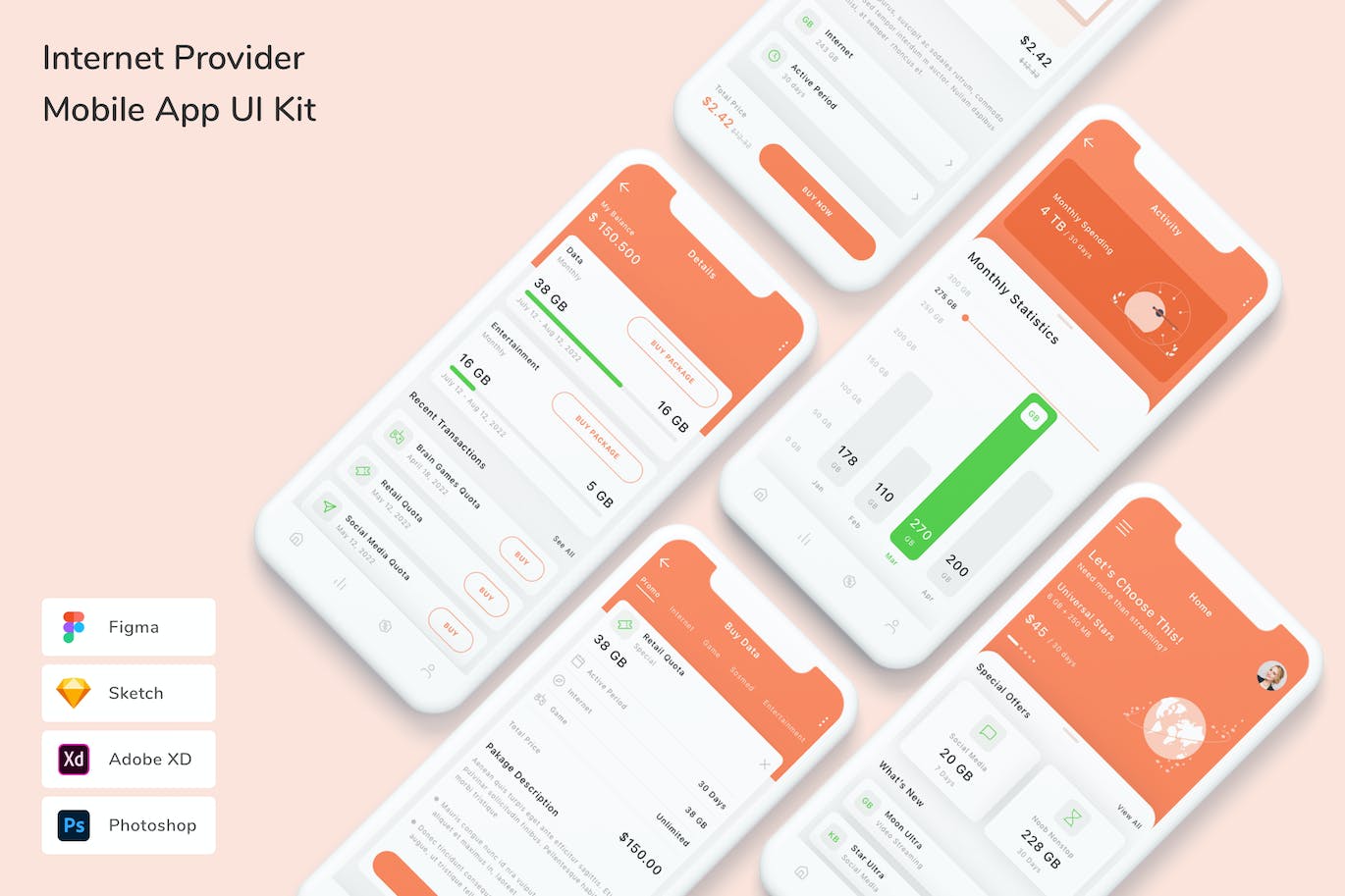 互联网提供商 App UI Kit (FIG,PSD,SKETCH,XD)