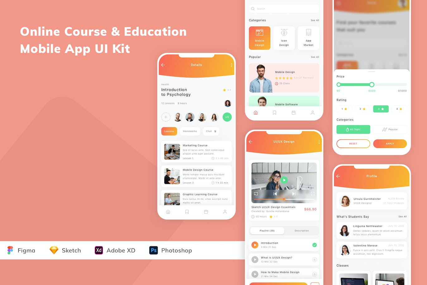 在线课程与教育 App UI Kit (FIG,PSD,SKETCH,XD)