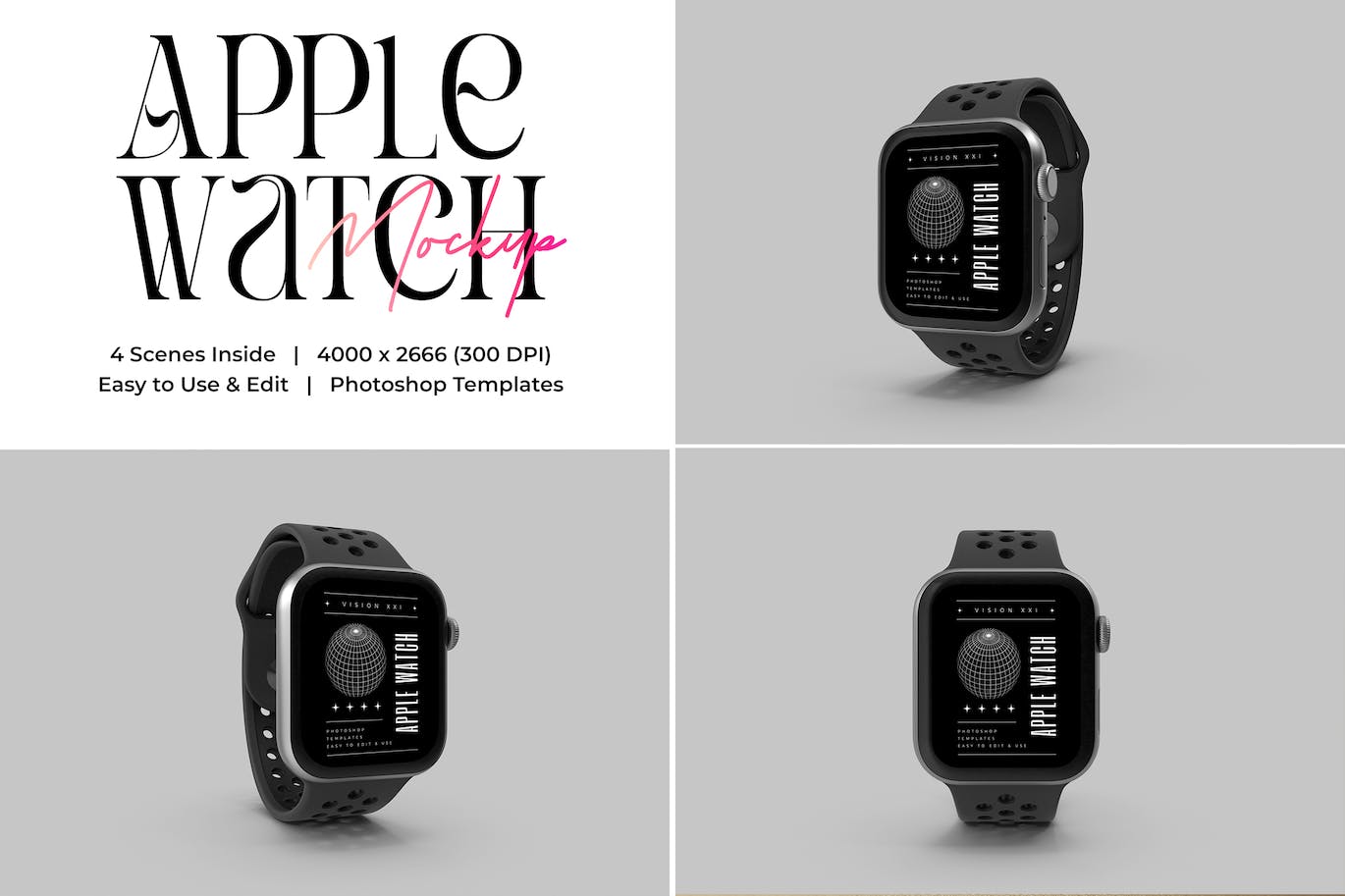 Apple Watch苹果手表屏幕展示样机模板 (PSD)