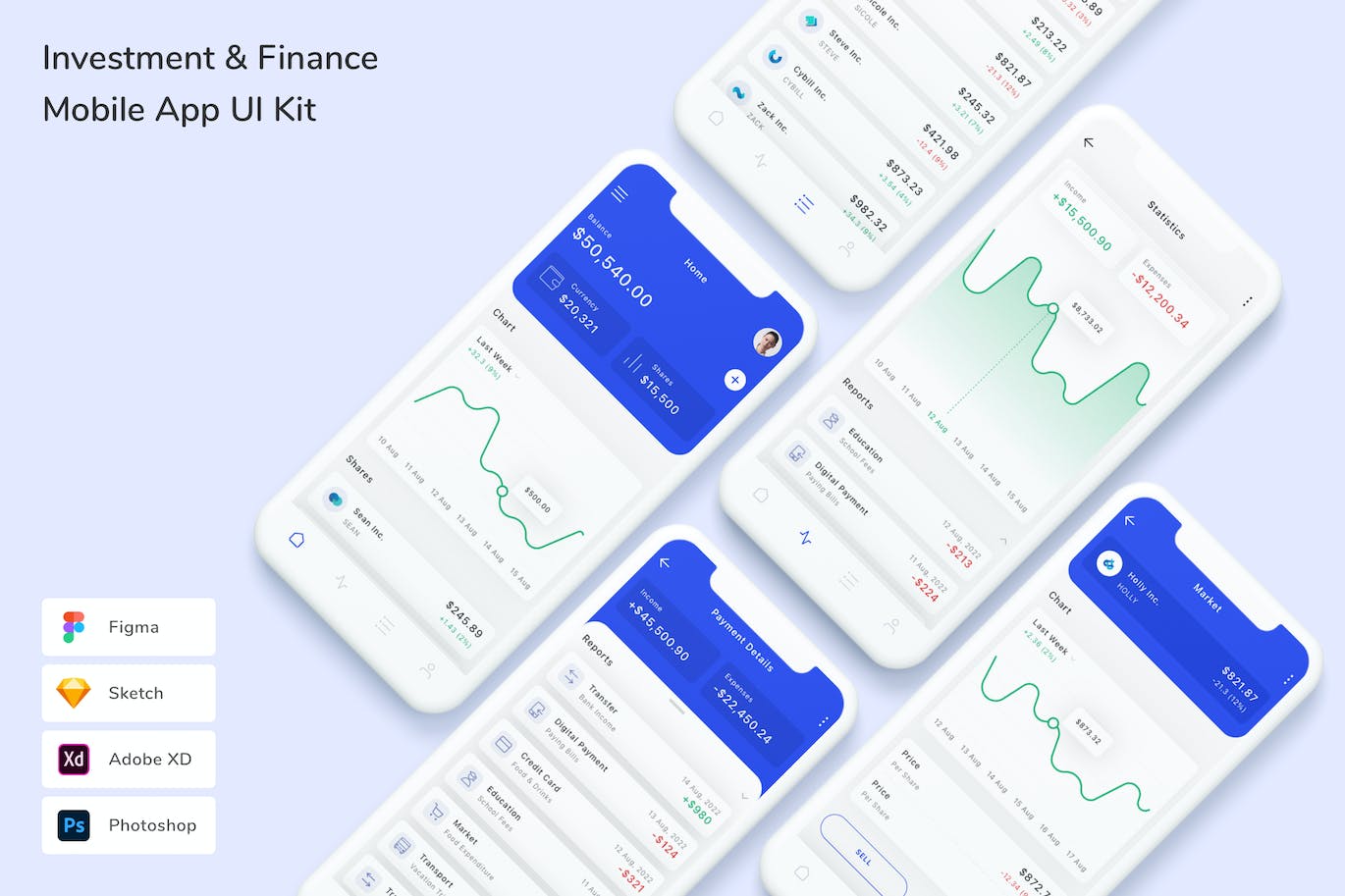 投资与金融 App UI Kit (FIG,PSD,SKETCH,XD)