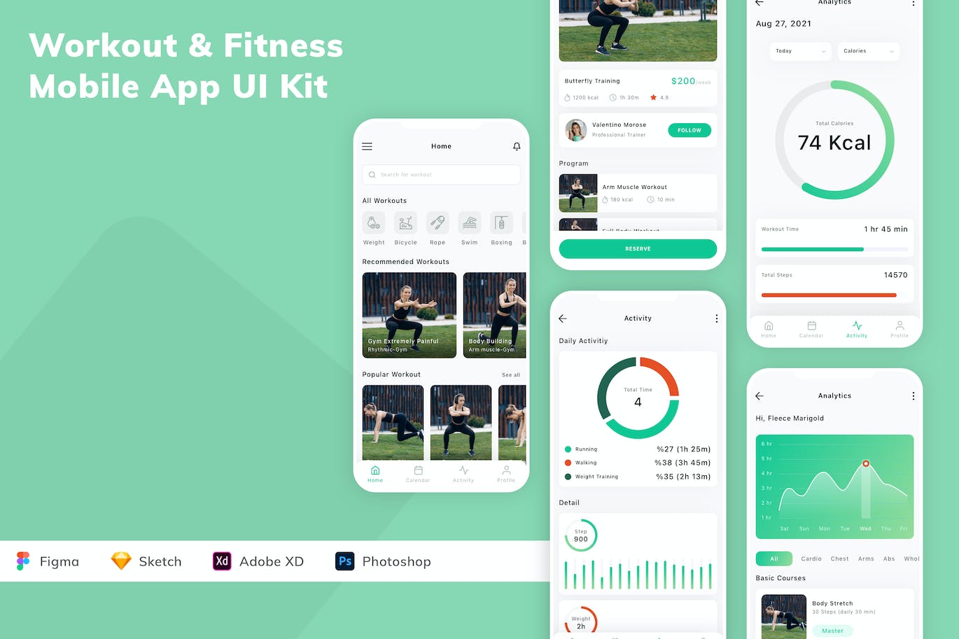 运动健康 App UI Kit (FIG,PSD,SKETCH,XD)