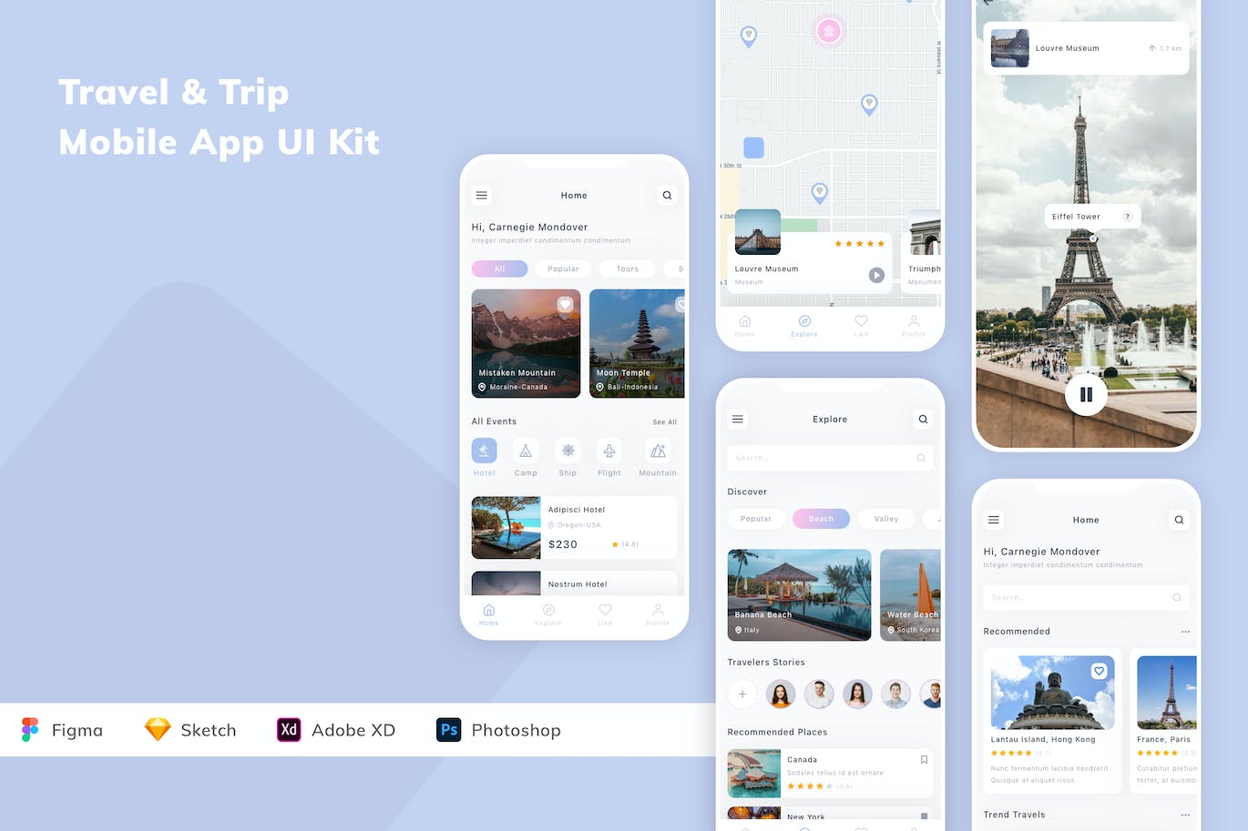 Travel & Trip Mobile App UI Kit (FIG,PSD,SKETCH,XD)