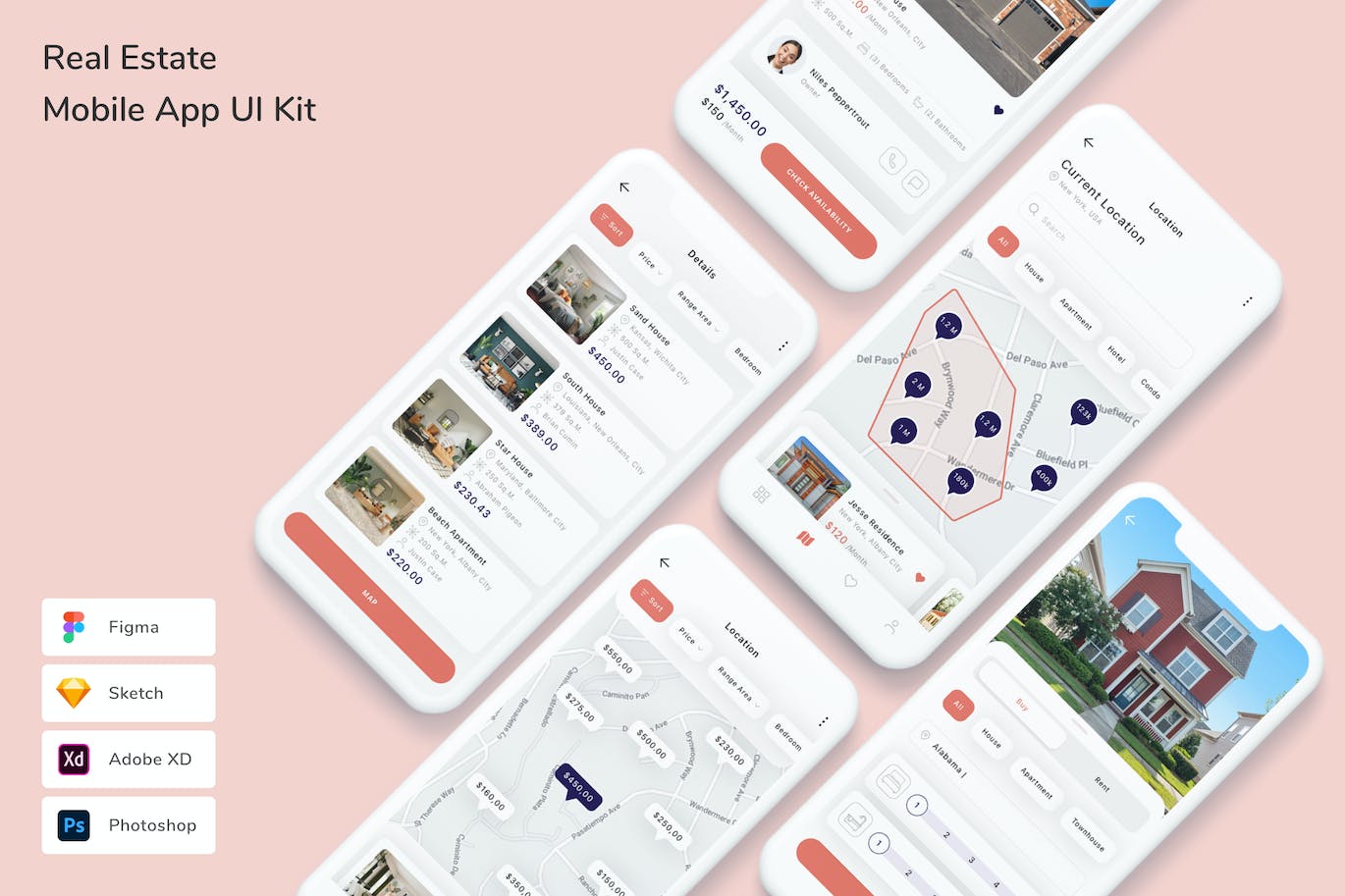 房地产移动应用程序App Ui Kit (FIG,PSD,SKETCH,XD)