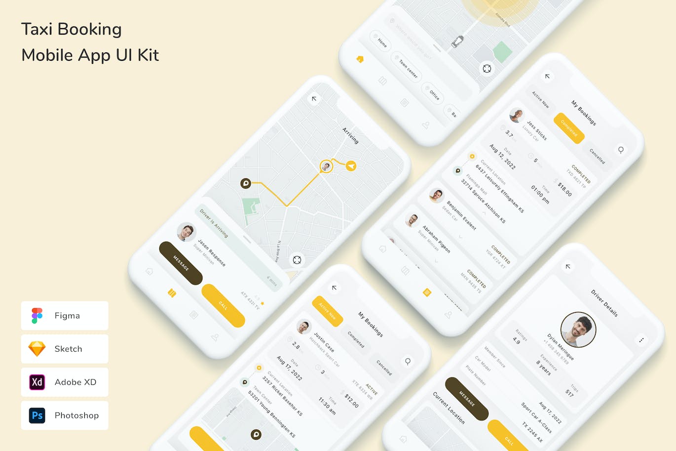 计程车预订App Ui Kit (FIG,PSD,SKETCH,XD)