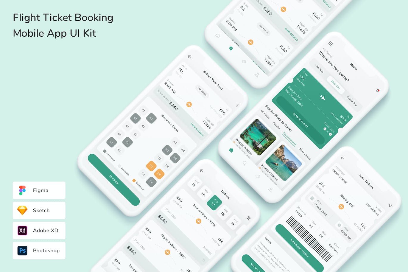 机票预订移动应用APP UI KIT (FIG,PSD,SKETCH,XD)