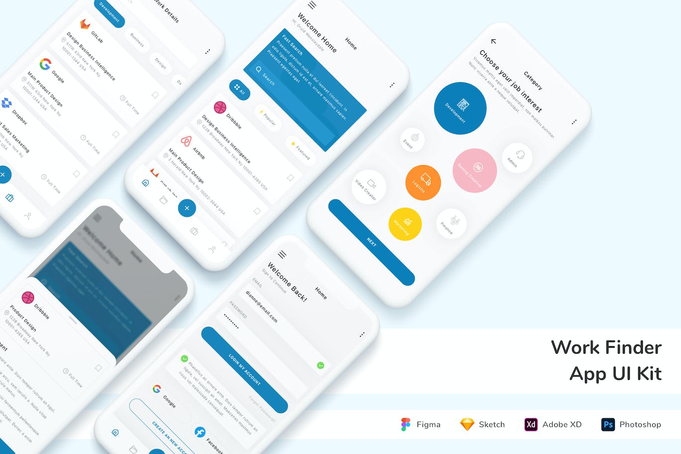 找工作 App UI Kit (FIG,PSD,SKETCH,XD)