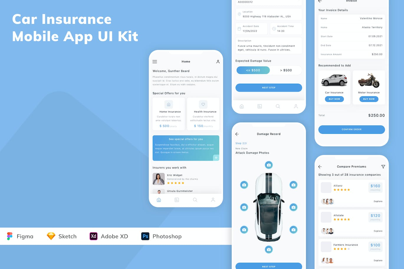 汽车保险App UI Kit (FIG,PSD,SKETCH,XD)