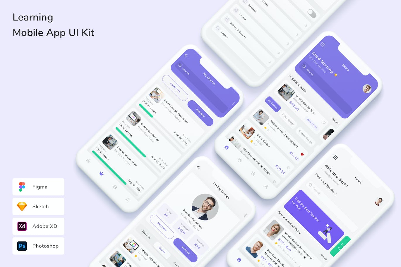 在线学习 App UI Kit (FIG,PSD,SKETCH,XD)