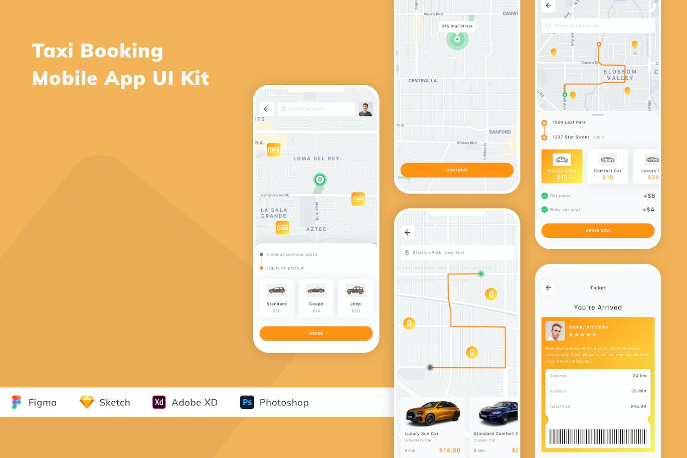 出租车计程车预订App UI Kit (FIG,PSD,SKETCH,XD)