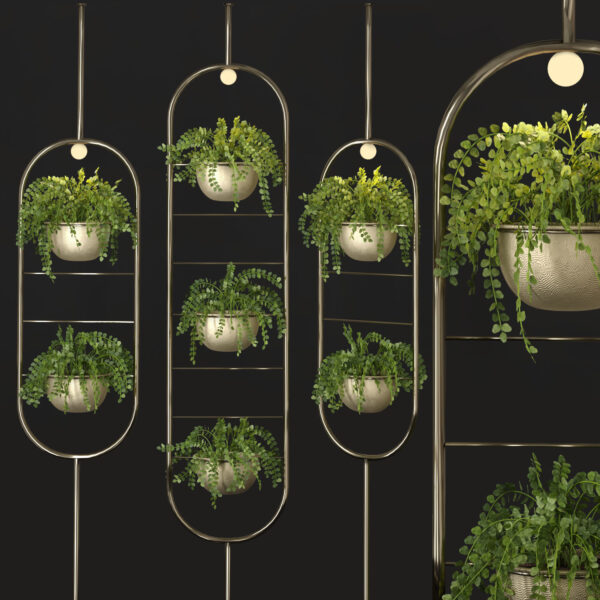 带灯的金属组合花盆中的绿植盆景3D模型（OBJ,MAX）