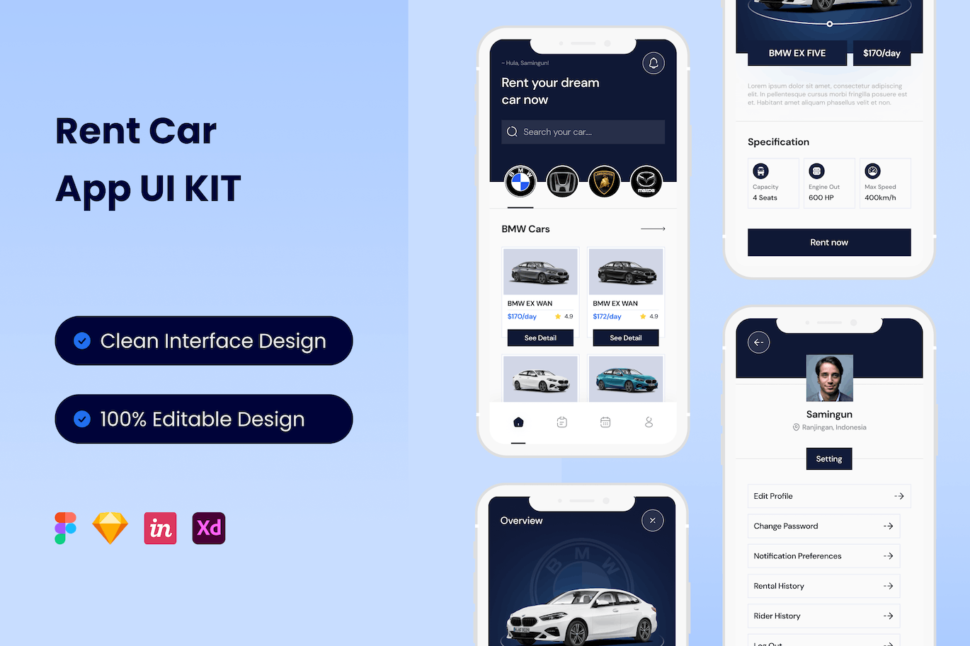 租车移动应用App UI Kit (FIG,SKETCH,XD)