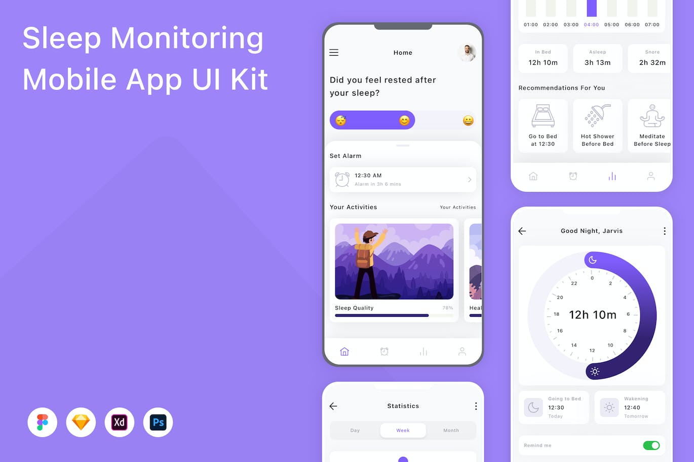 睡眠监控移动应用App UI Kit (FIG,PSD,SKETCH,XD)