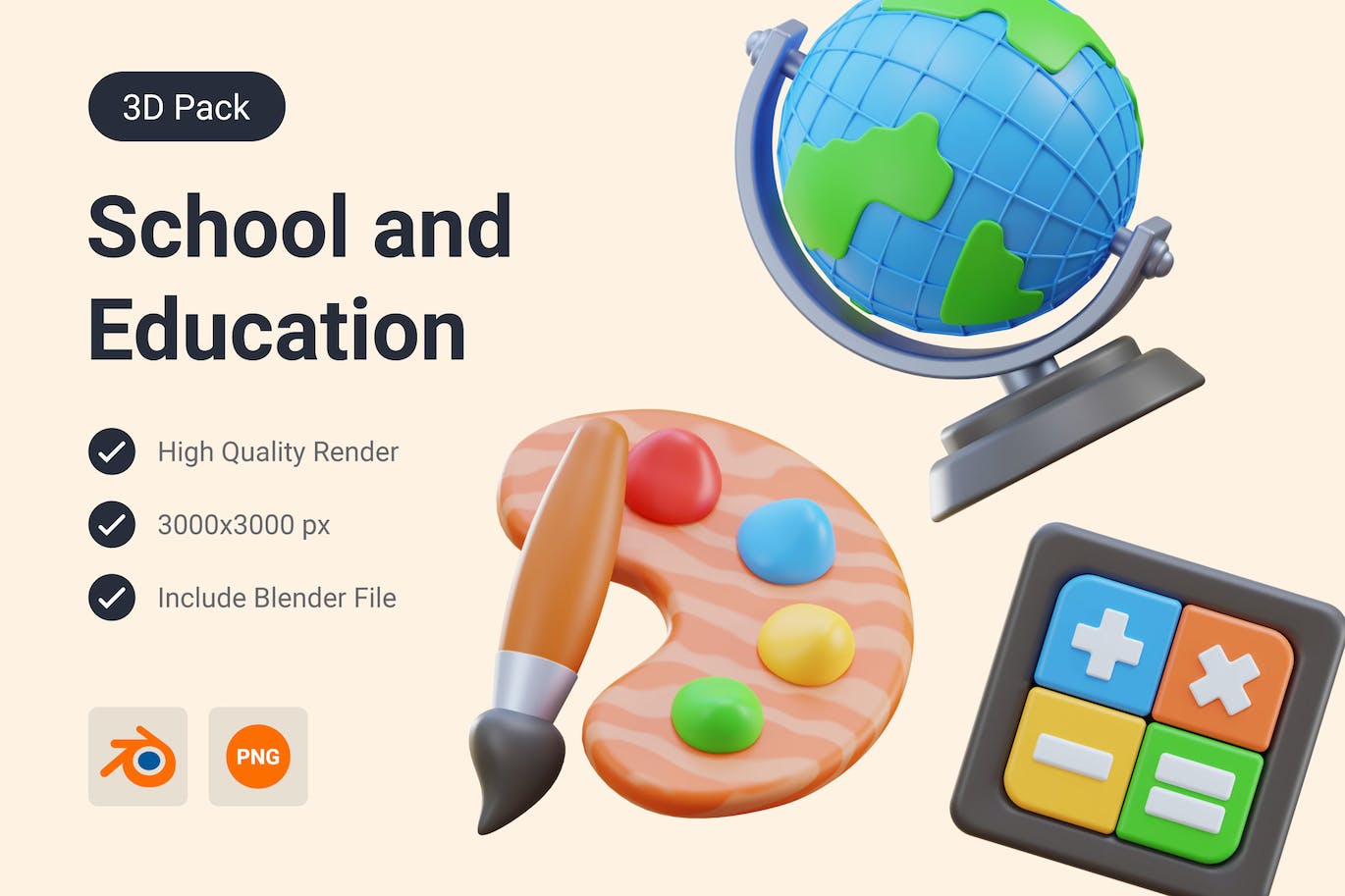 学校主题与教育3D插图 (PNG,Blend)