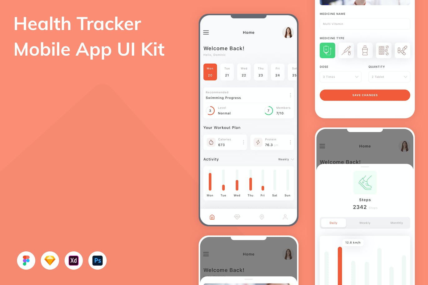 健康跟踪移动应用App UI Kit (FIG,PSD,SKETCH,XD)