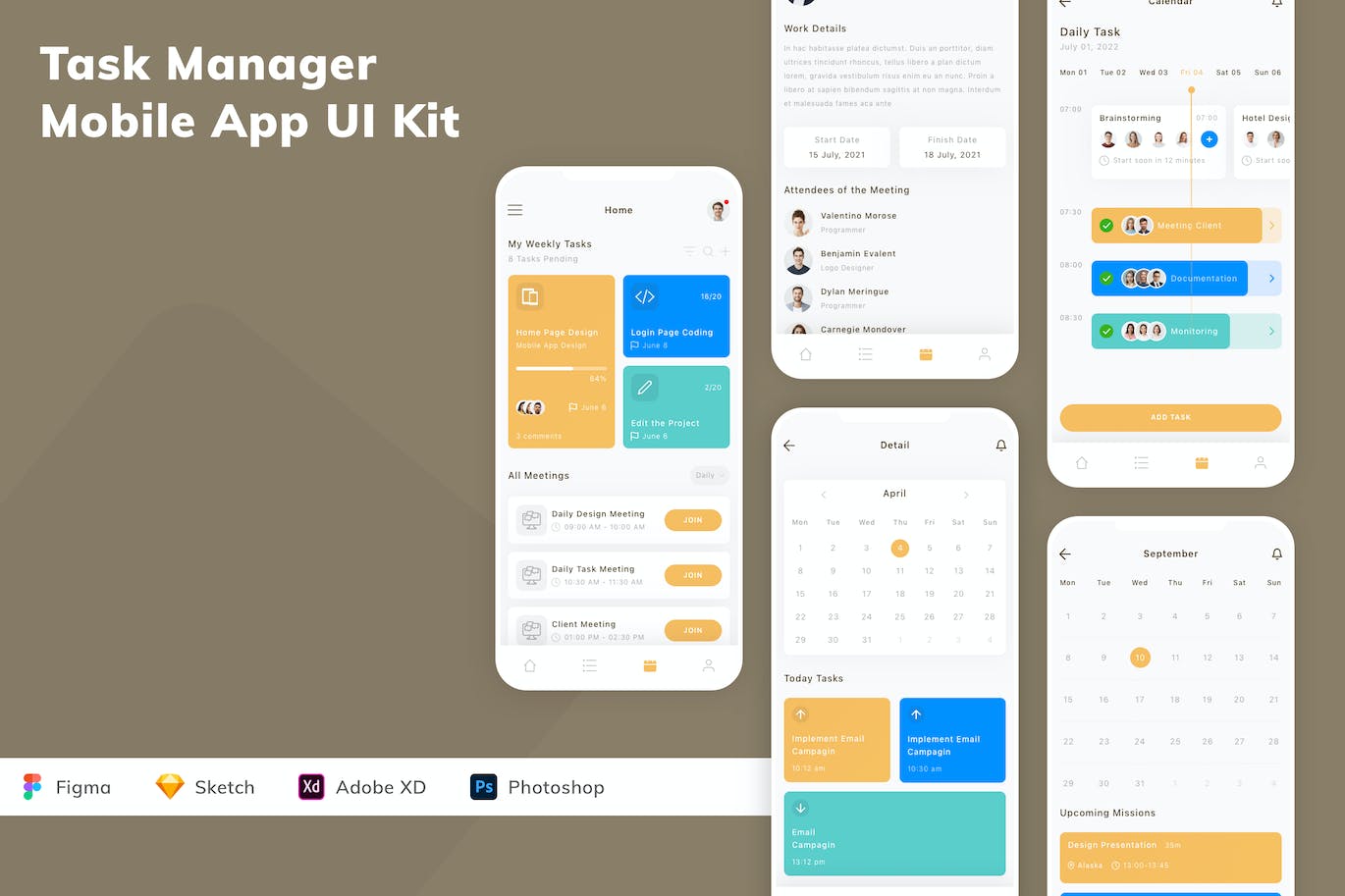 任务管理器移动应用APP UI KIT (FIG,SKETCH,XD,PSD)