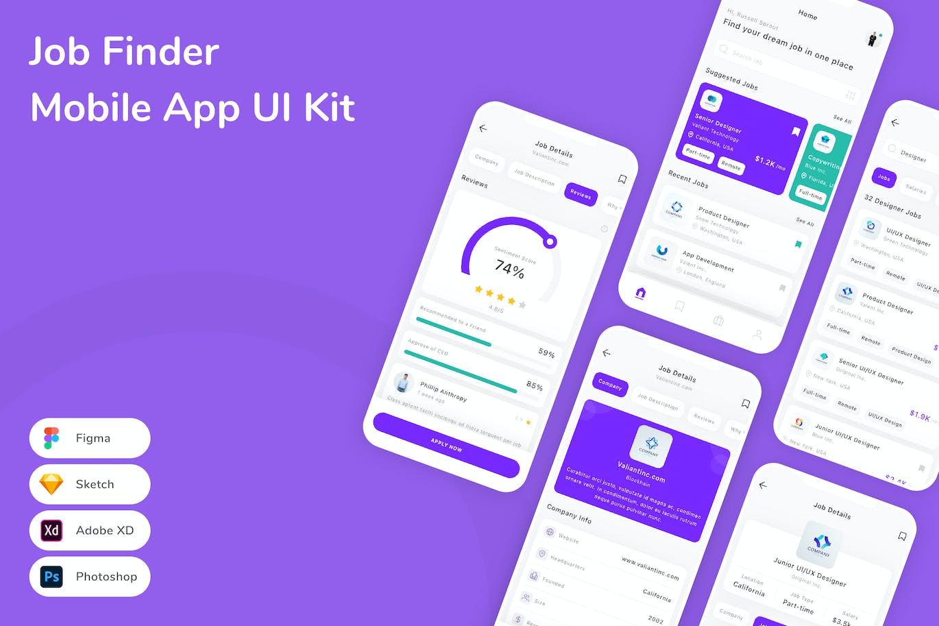找工作 App UI Kit (FIG,PSD,SKETCH,XD)