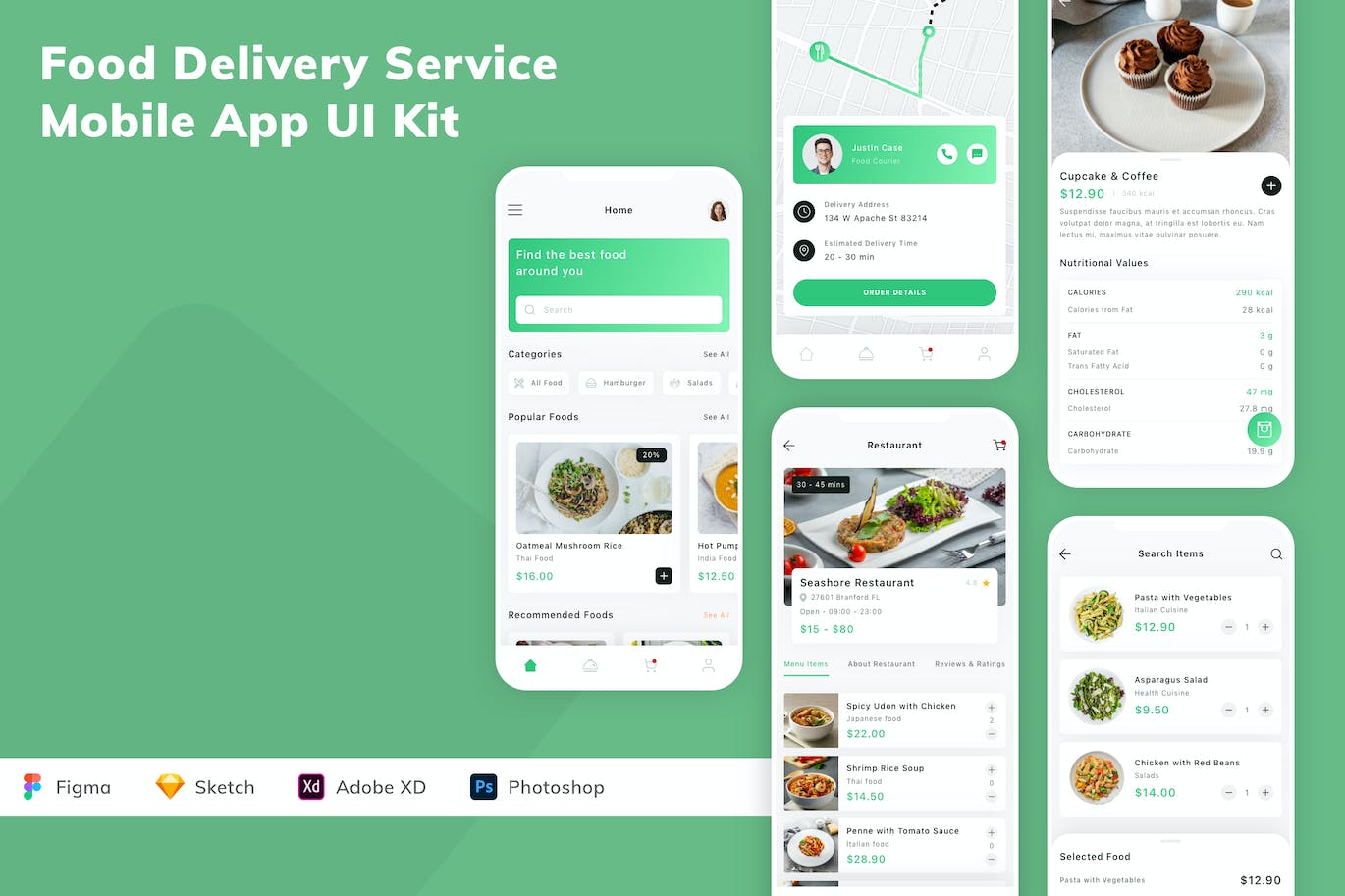 食品配送服务移动应用App UI Kit (FIG,PSD,SKETCH,XD)