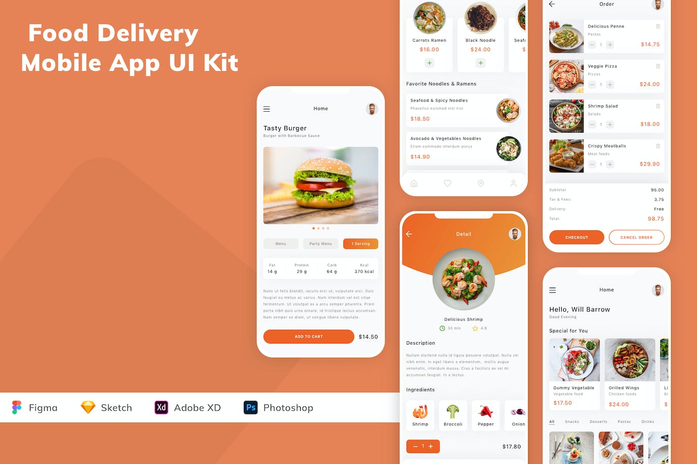 食品配送移动应用程序App UI Kit (FIG,PSD,SKETCH,XD)