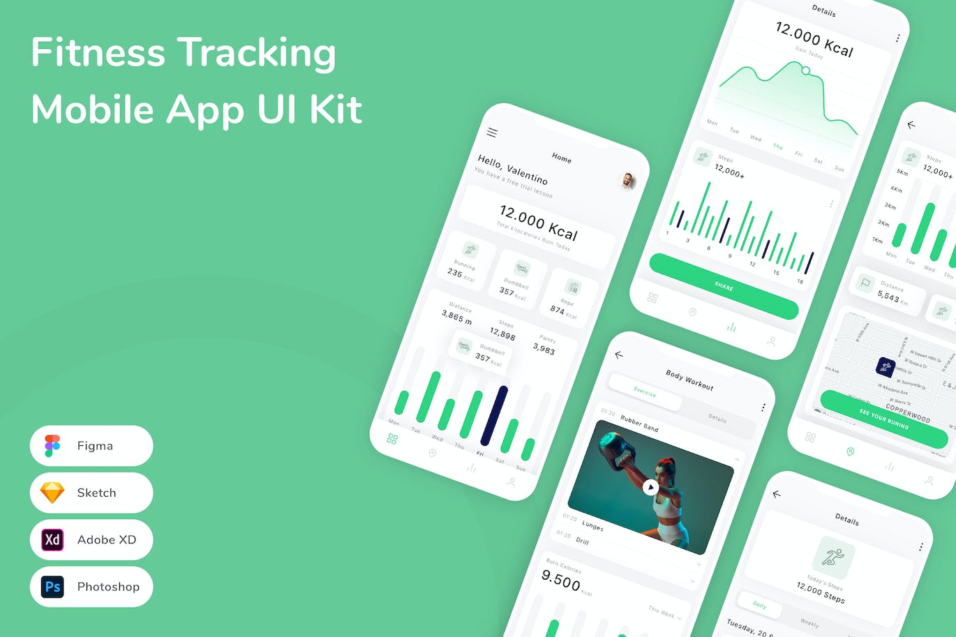 健身追踪移动应用  APP UI KIT (FIG,PSD,SKETCH,XD)