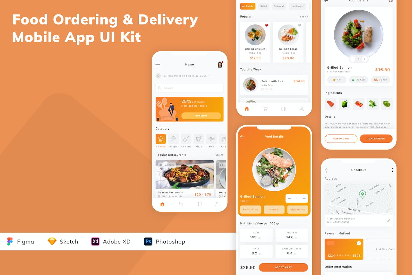 食品订购和配送移动应用  APP UI KIT (FIG,PSD,SKETCH,XD)