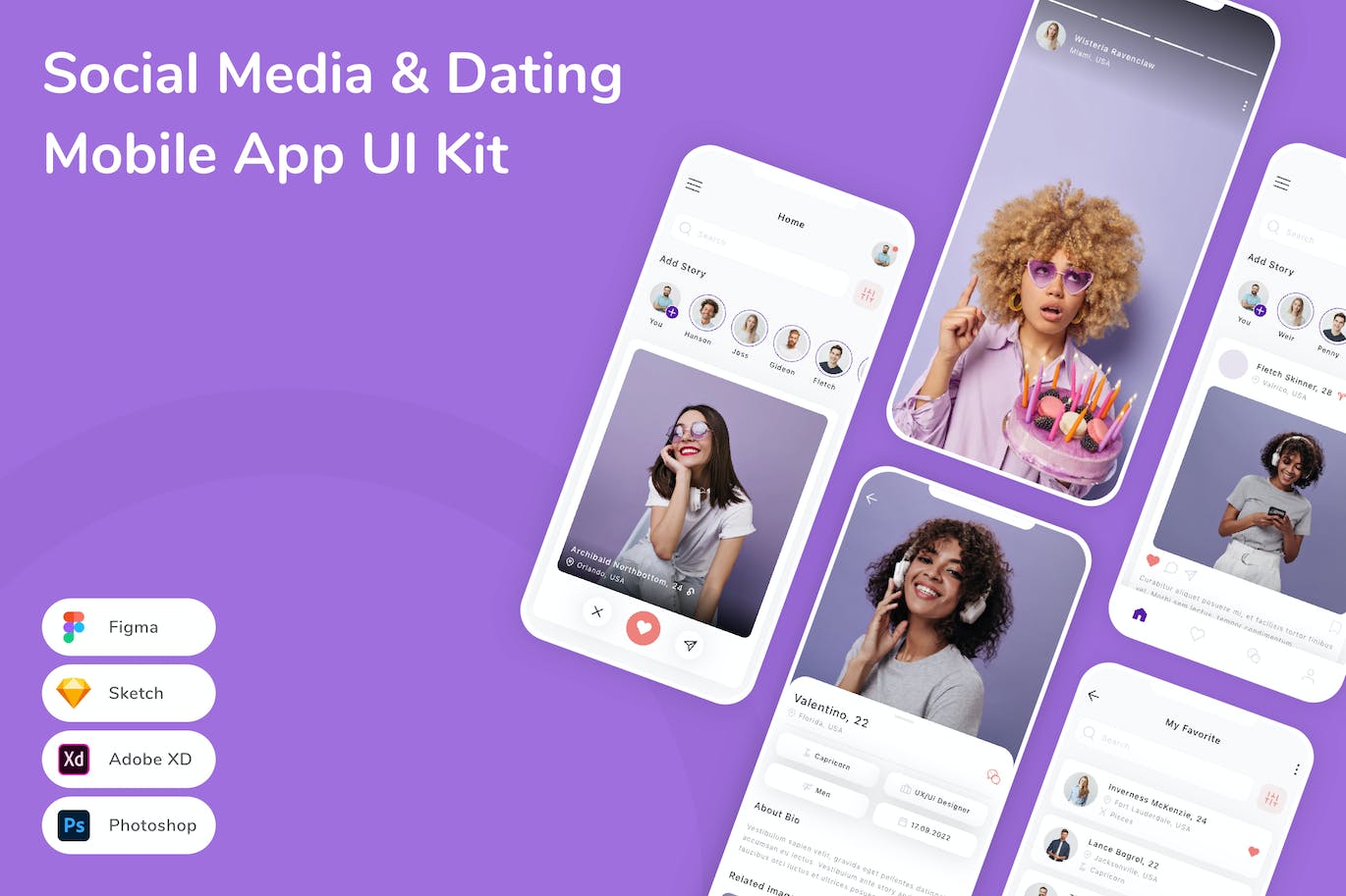 社交媒体和约会手机应用程序App UI Kit (FIG,PSD,SKETCH,XD)