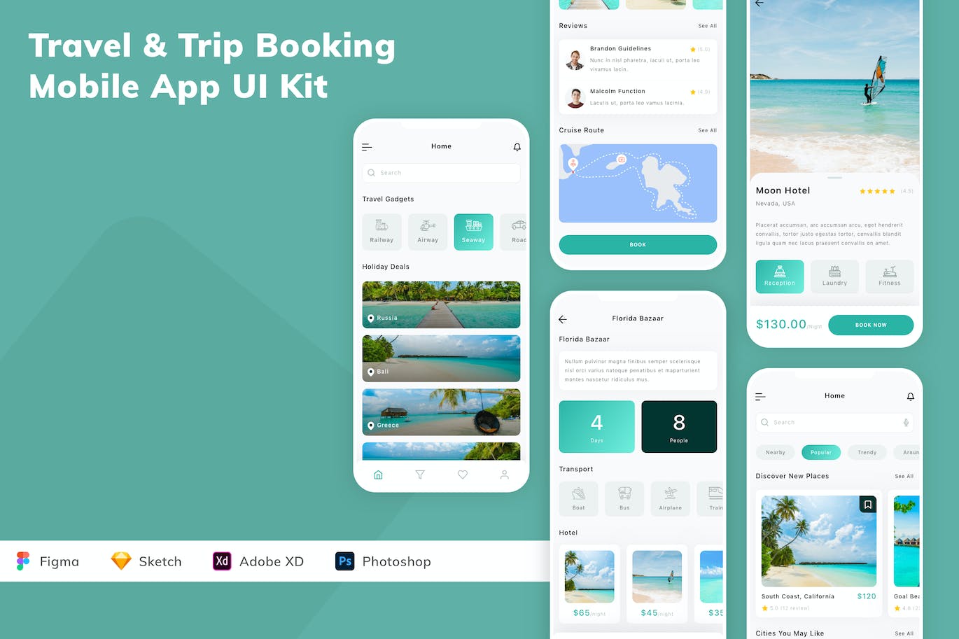 旅行和旅行预订移动应用 App UI Kit (FIG,PSD,SKETCH,XD)