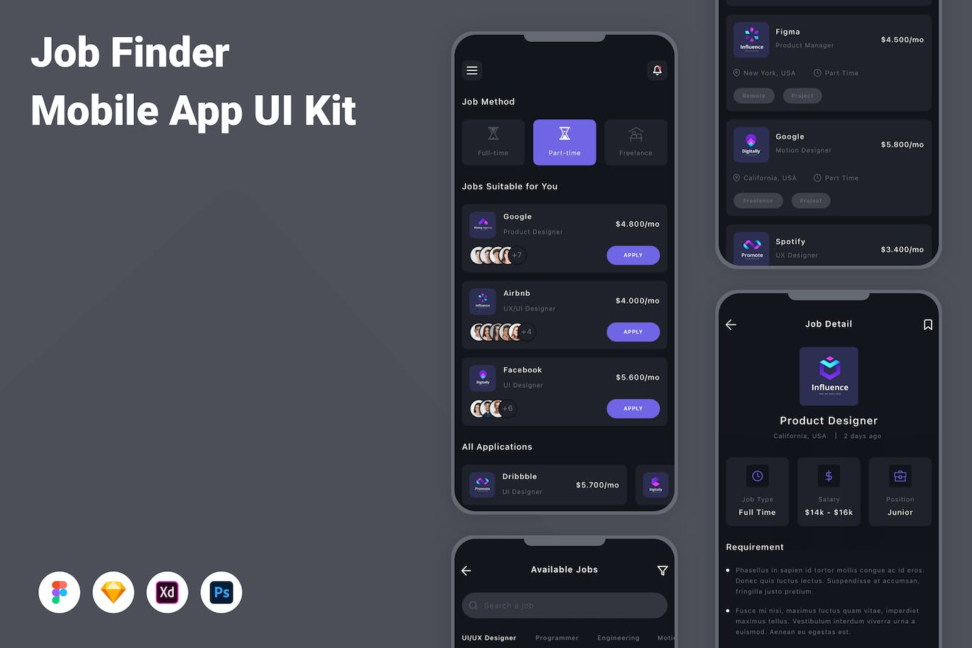 现代设计趋势设计的找工作 App UI Kit (FIG,PSD,SKETCH,XD)