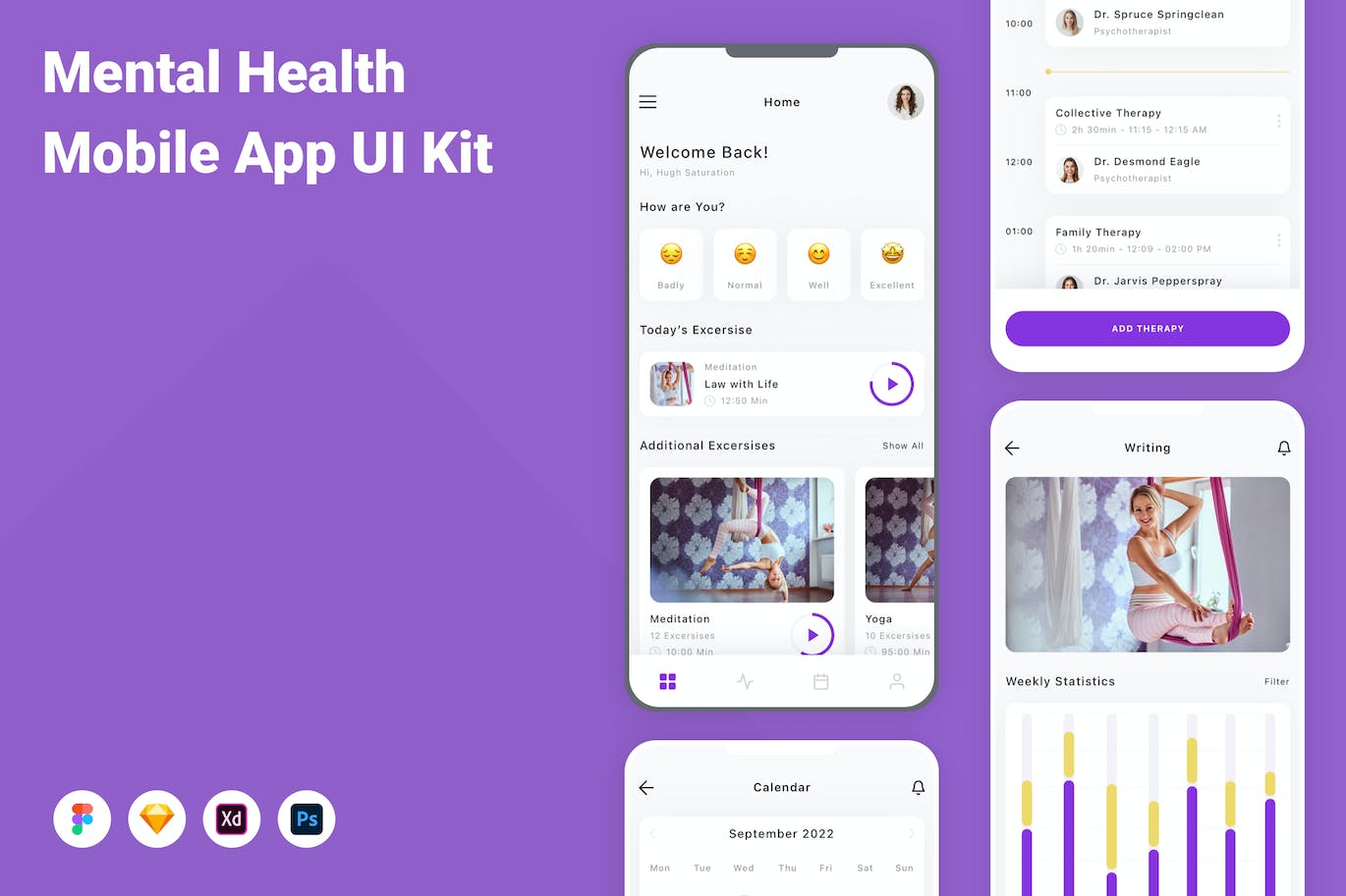 心理健康手机应用APP UI KIT (FIG,PSD,SKETCH,XD)