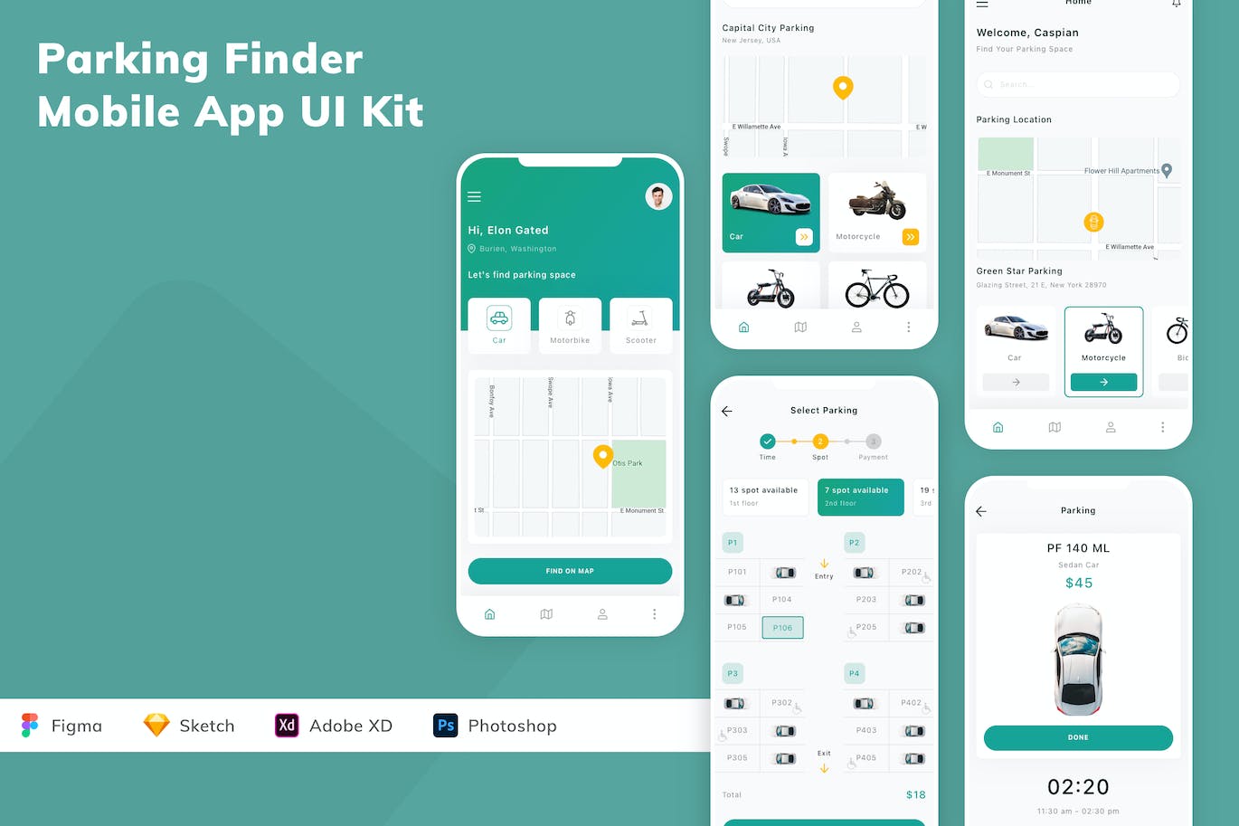 停车管理找车位 App UI Kit (FIG,SKETCH,XD,PSD)