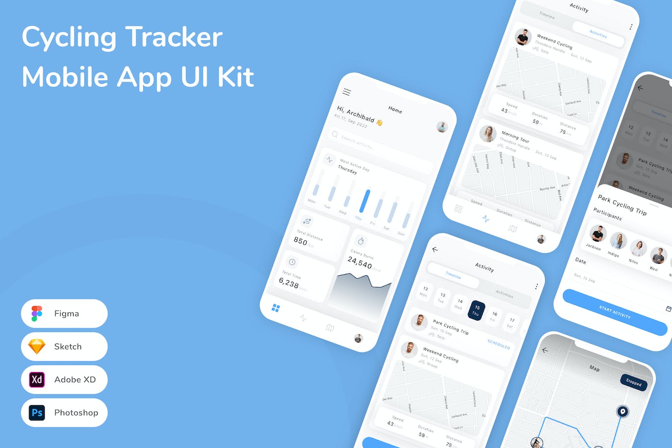 自行车跟踪器 App UI Kit (FIG,PSD,SKETCH,XD)