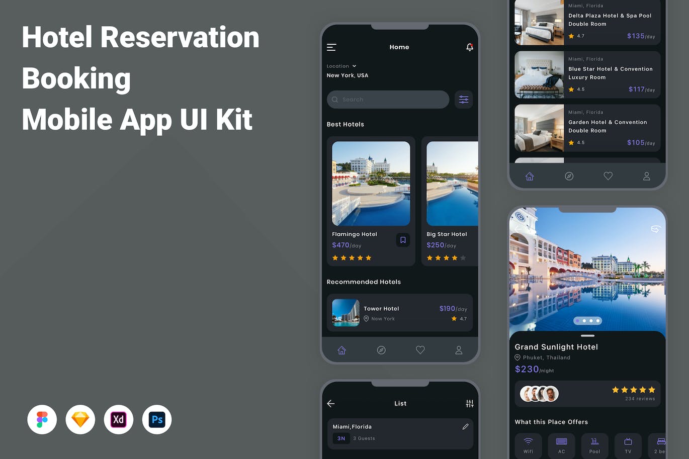 酒店预订 App UI Kit (FIG,PSD,SKETCH,XD)
