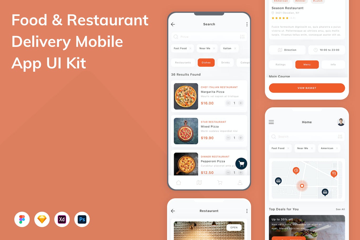 食品和餐厅配送移 App UI Kit (FIG,PSD,SKETCH,XD)