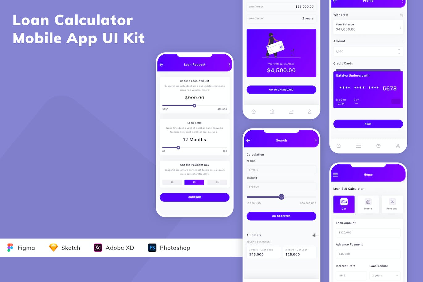 贷款利率费用计算 App UI Kit (FIG,PSD,SKETCH,XD)