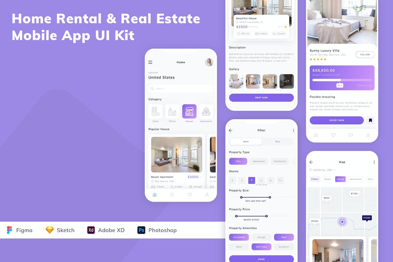 房屋租赁和房地产移动应用App UI Kit (FIG,PSD,SKETCH,XD)