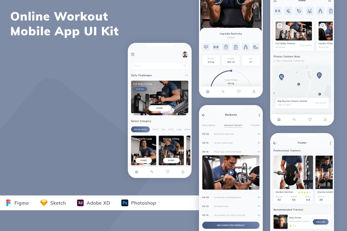在线健身移动应用程序UI套件App UI Kit (FIG,SKETCH,XD,PSD)