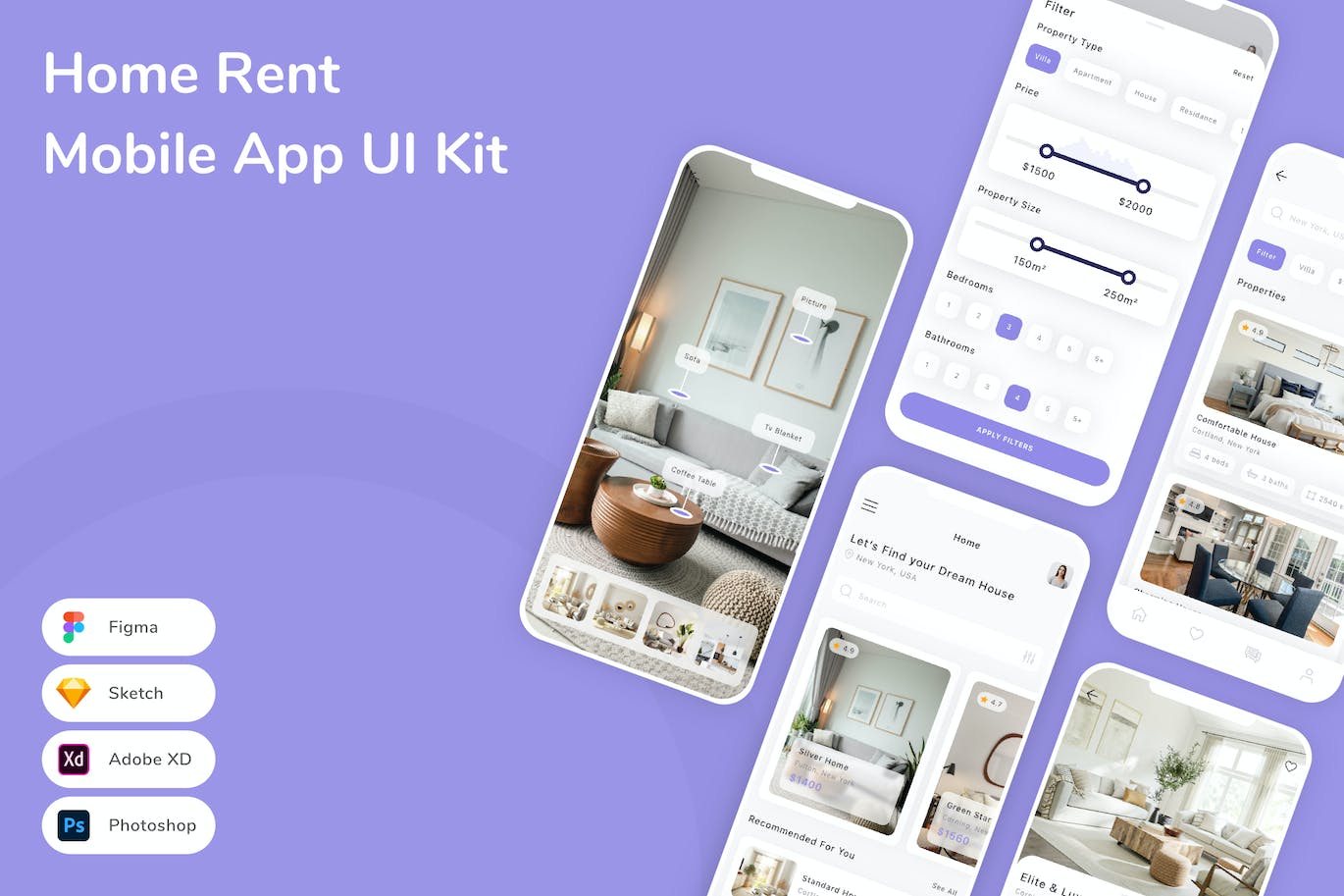 翻屋租赁移动应用APP UI KIT (FIG,PSD,SKETCH,XD)