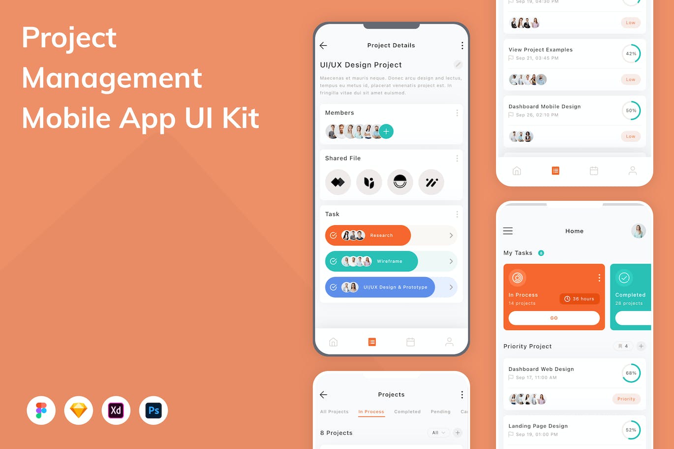 项目管理移动应用程序App UI Kit (FIG,PSD,SKETCH,XD)
