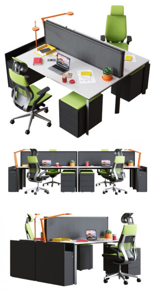 Steelcase FrameOne带文具和装饰的两人座办公桌椅 办公场景3D模型（OBJ,MAX）