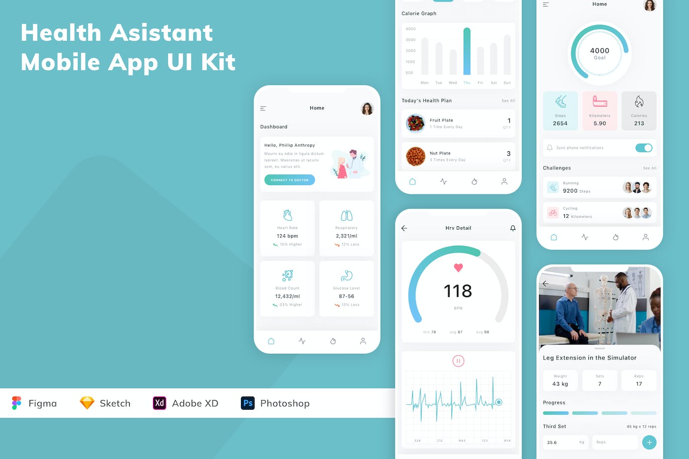 健康助手移动应用APP UI KIT (FIG,SKETCH,XD,PSD)