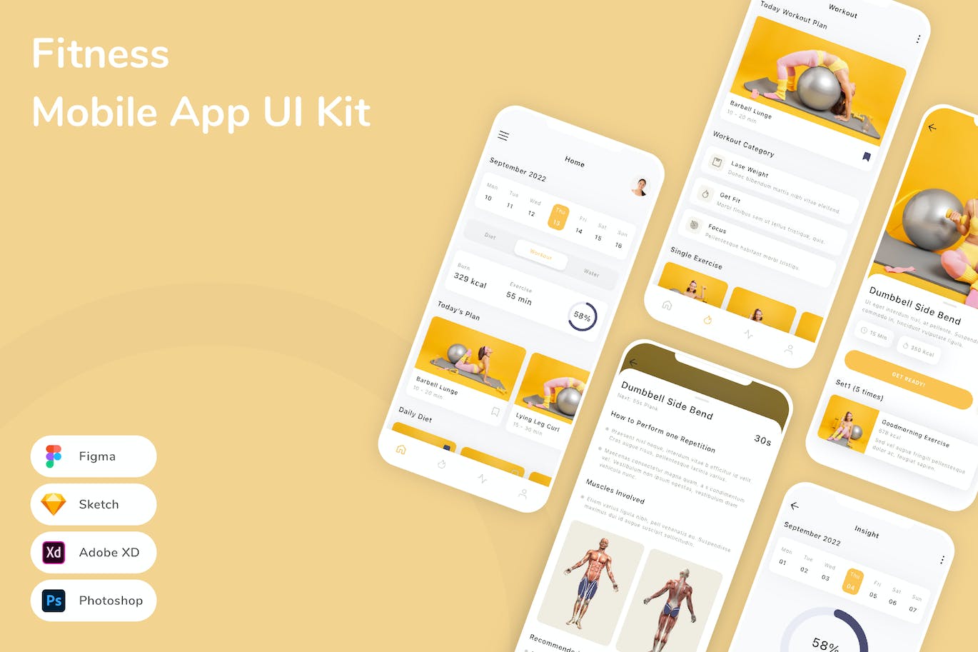 健身手机应用程序App UI Kit (FIG,PSD,SKETCH,XD)