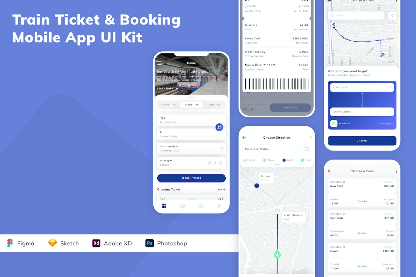火车票和预订移动应用程序App UI Kit (FIG,PSD,SKETCH,XD)