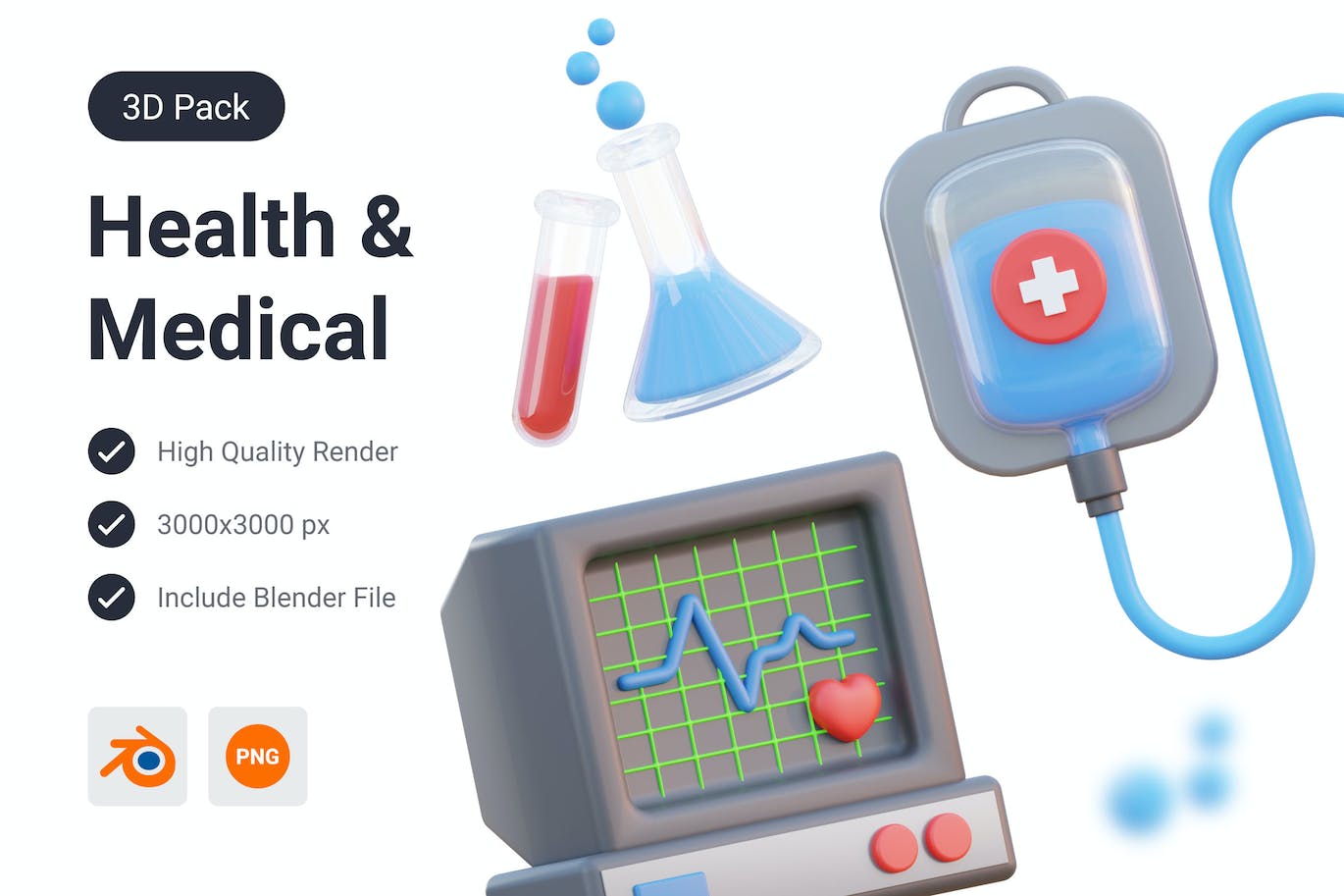 输液、心电图监测仪和化学烧瓶3D图标 (PNG,Blend)
