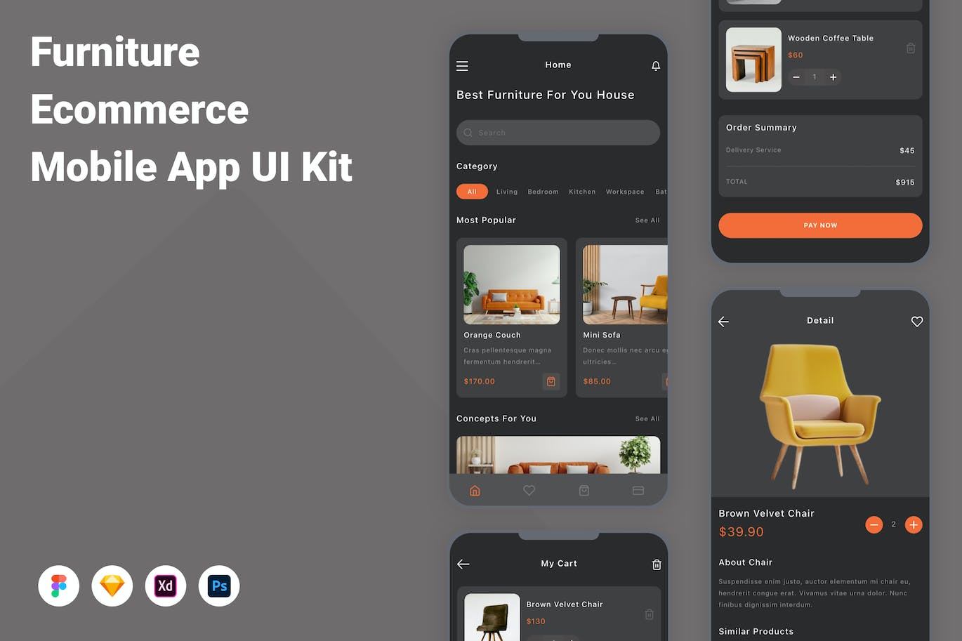 家具电商 App UI Kit (FIG,PSD,SKETCH,XD)