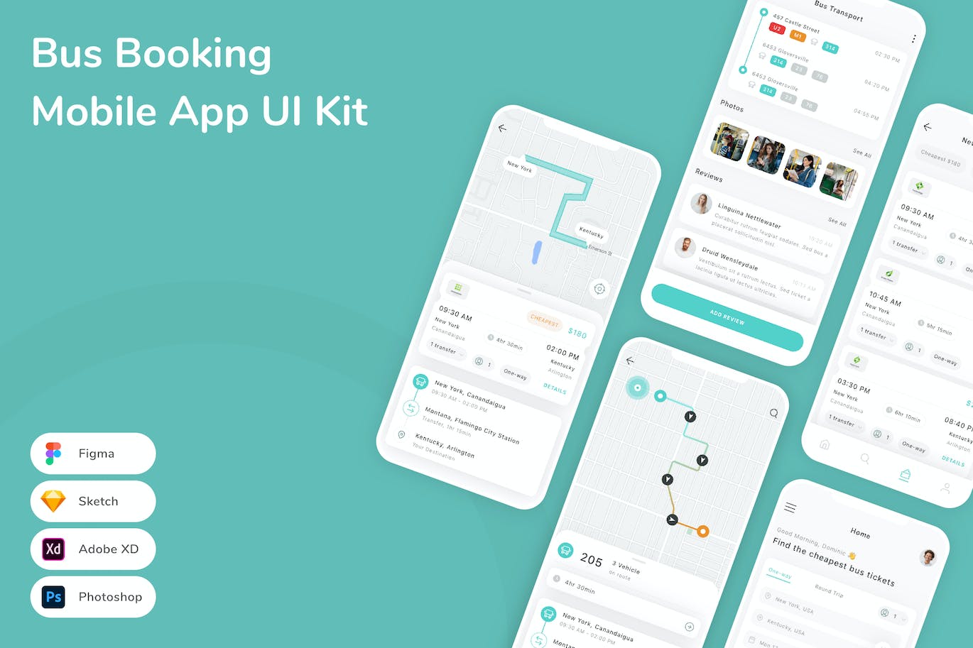 巴士预订移动应用 App UI Kit (FIG,PSD,SKETCH,XD)