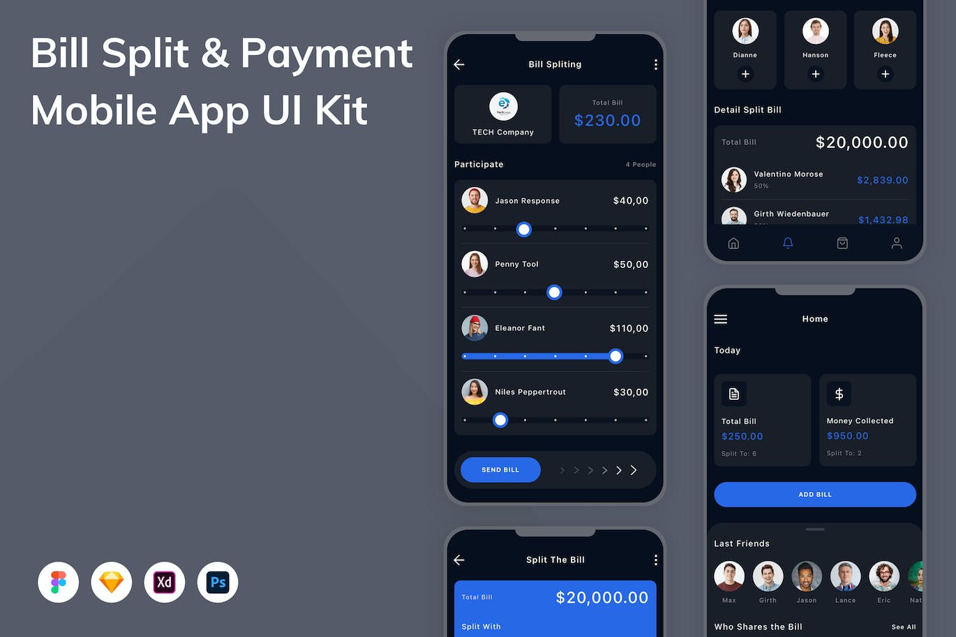 账单拆分和支付移动应用 APP UI KIT (FIG,PSD,SKETCH,XD)