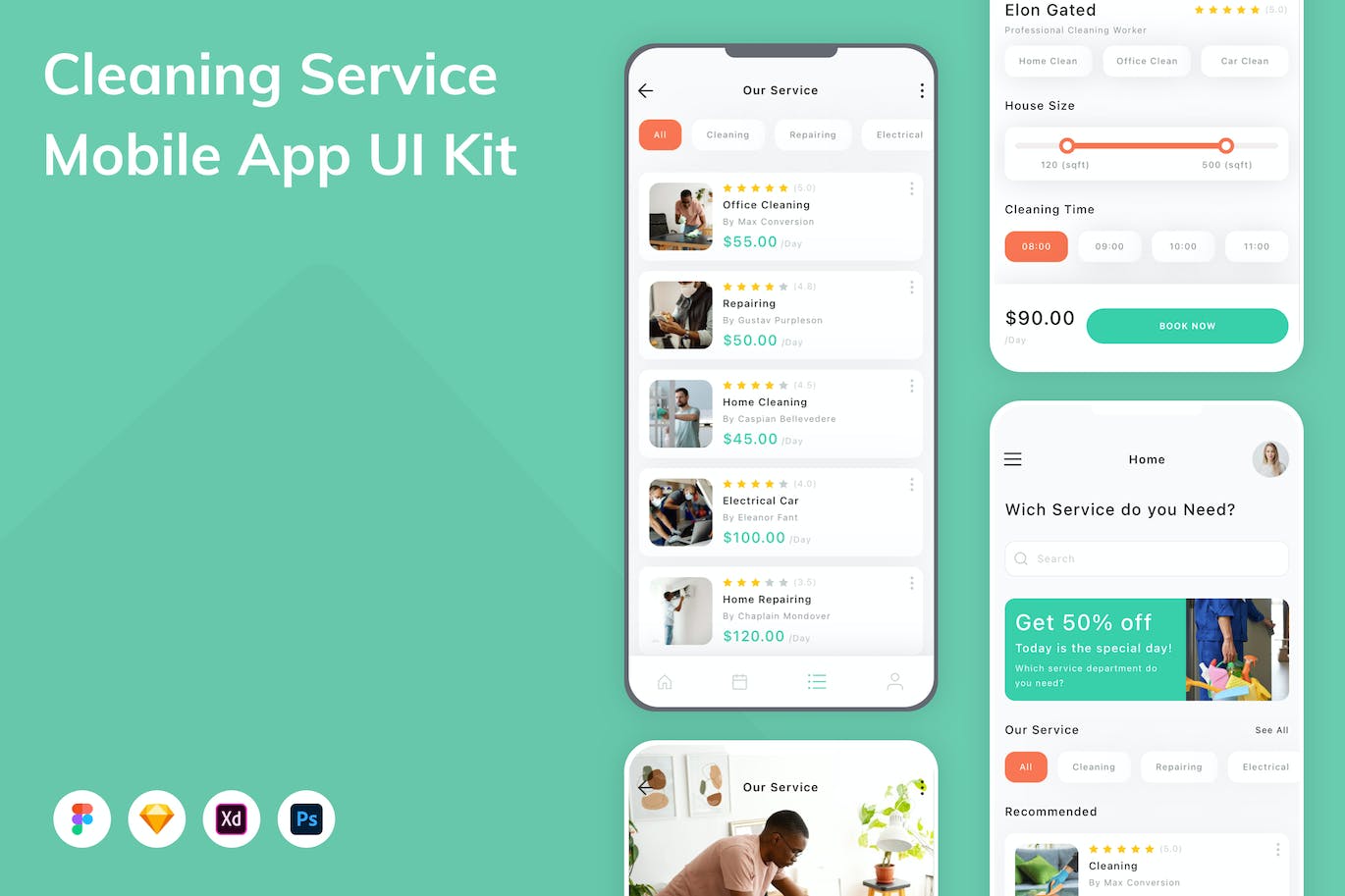 家政服务清洁服务 App UI Kit (FIG,PSD,SKETCH,XD)