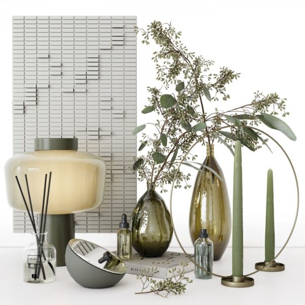 包含玻璃瓶中的桉树枝 细高蜡烛 台灯 香氛产品等的绿色主题装饰组合3D模型（OBJ,FBX,MAX）