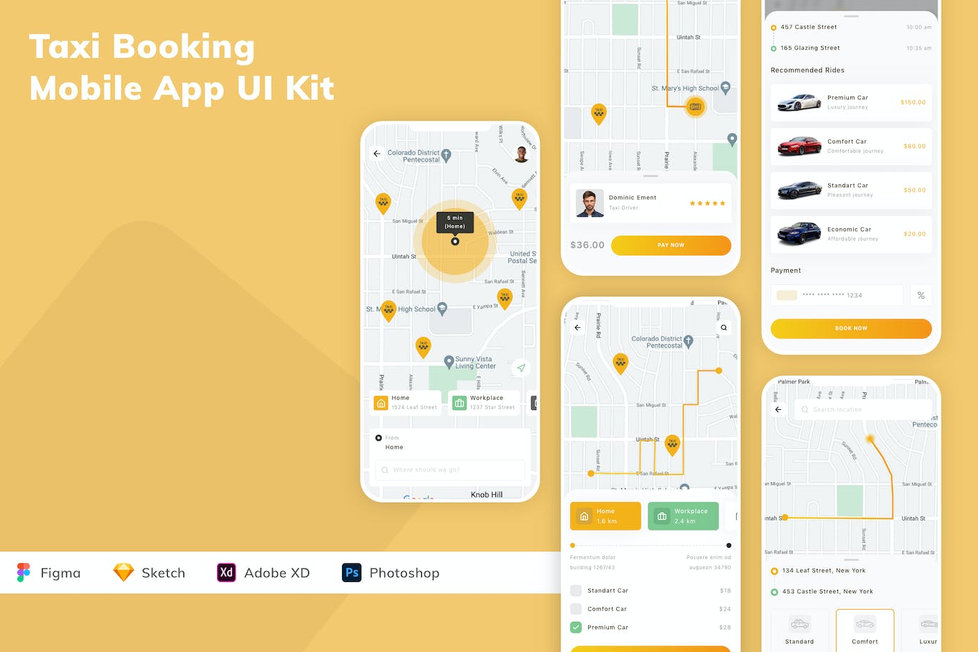 出租车预订 App UI Kit (FIG,SKETCH,XD,PSD)