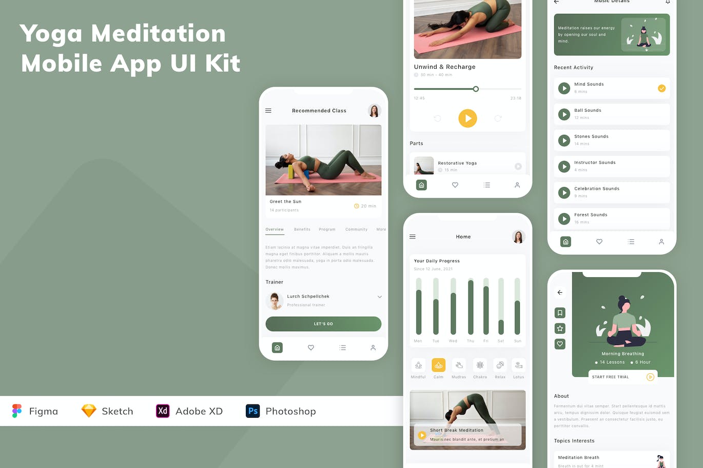 瑜伽冥想移动应用程序App UI Kit (FIG,SKETCH,XD,PSD)